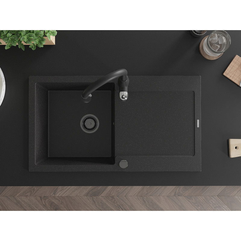 Mexen Leo dřez s odkapávačem a kuchyňskou baterií Savita, černý/stříbrný metalik - 6501-73-672601-70-B