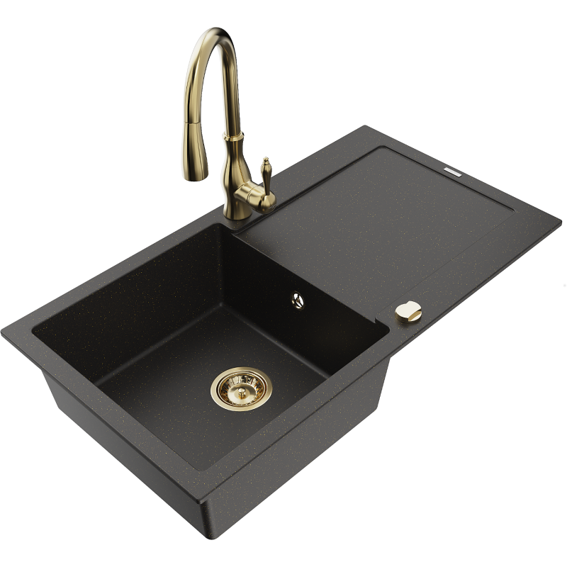 Mexen Leo granitový dřez 1-komorový s odkapávačem a kuchyňskou baterií Savita, černý/zlatý metalik - 6501-75-672601-50