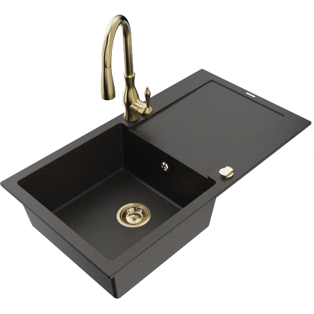 Mexen Leo granitový dřez 1-komorový s odkapávačem a kuchyňskou baterií Savita, černý/zlatý metalik - 6501-75-672601-50