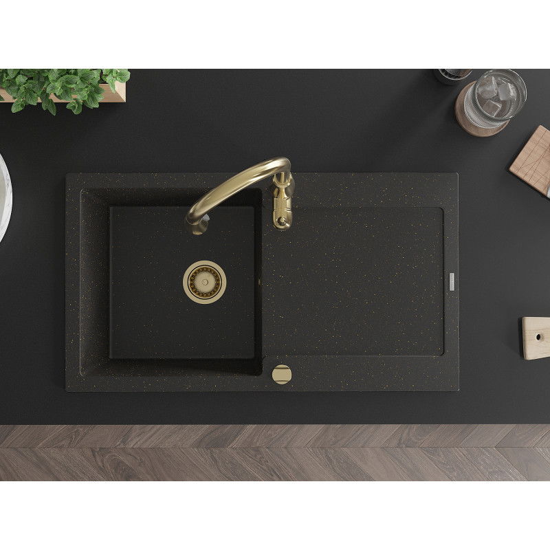 Mexen Leo granitový dřez 1-komorový s odkapávačem a kuchyňskou baterií Savita, černý/zlatý metalik - 6501-75-672601-50