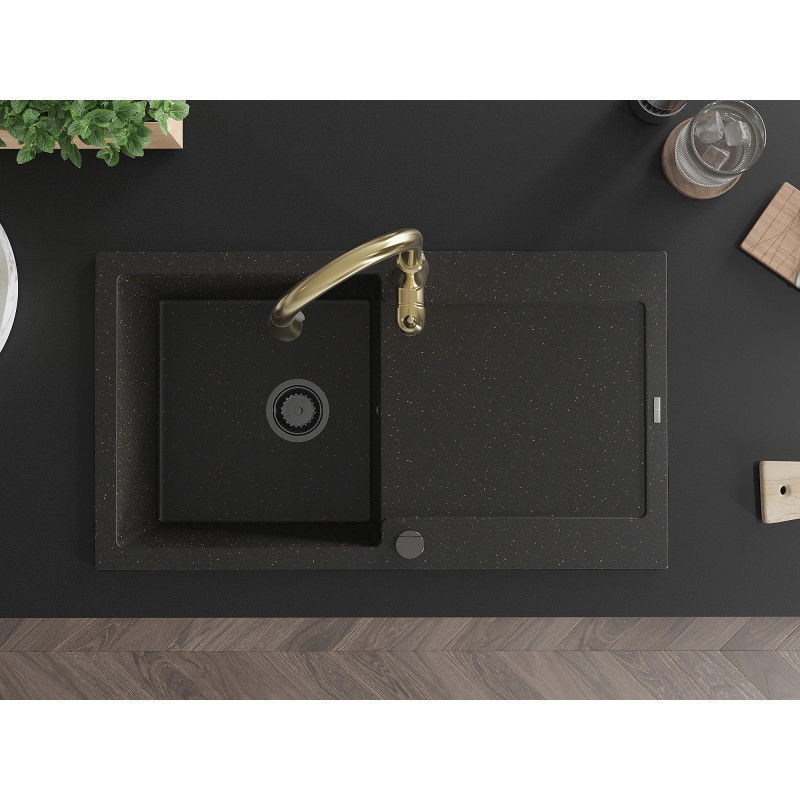 Mexen Leo granitový dřez 1-komorový s odkapávačem a kuchyňskou baterií Savita, černý/zlatý metalik - 6501-75-672601-50-B