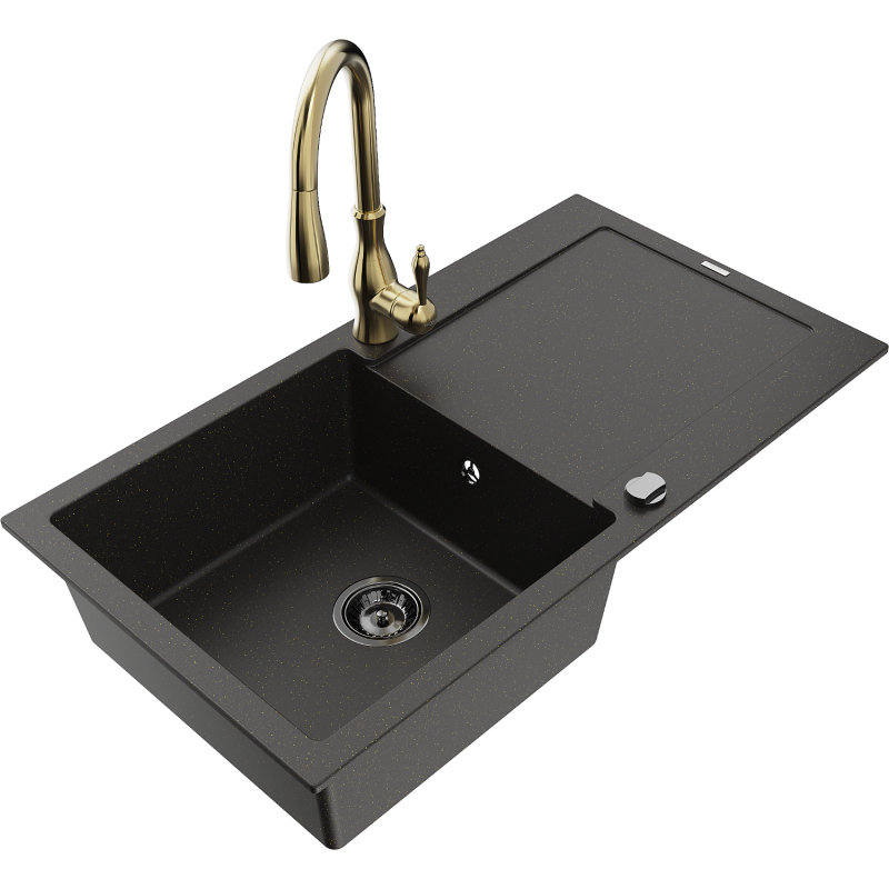 Mexen Leo granitový dřez 1-komorový s odkapávačem a kuchyňskou baterií Savita, černý/zlatý metalik - 6501-75-672601-50-B