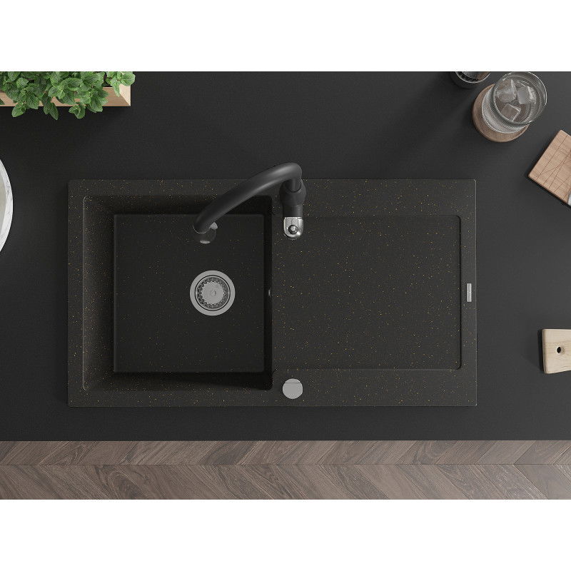 Mexen Leo granitový dřez 1-komorový s odkapávačem a kuchyňskou baterií Savita, černý/zlatý metalik - 6501-75-672601-70