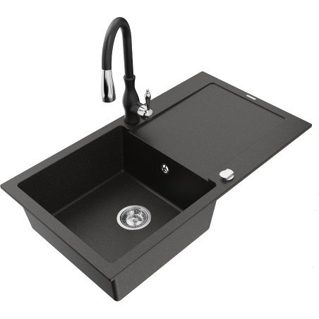 Mexen Leo granitový dřez 1-komorový s odkapávačem a kuchyňskou baterií Savita, černý/zlatý metalik - 6501-75-672601-70