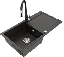 Mexen Leo granitový dřez 1-komorový s odkapávačem a kuchyňskou baterií Savita, černý/zlatý metalik - 6501-75-672601-70