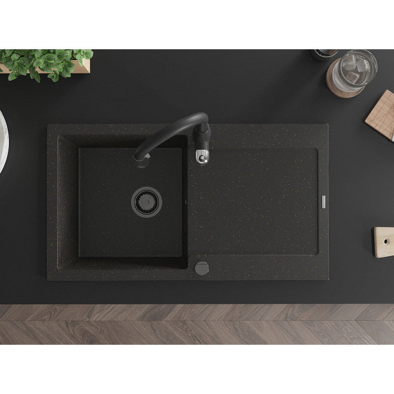 Mexen Leo granitový dřez s 1 komorou a odkapávačem a kuchyňskou baterií Savita, černý/zlatý metalik - 6501-75-672601-70-B