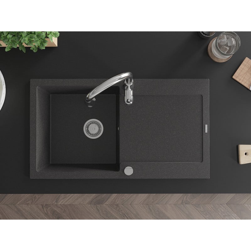 Mexen Leo granitový dřez 1-komorový s odkapávačem a kuchyňskou baterií Savita, černý skvrnitý - 6501-76-672601-00