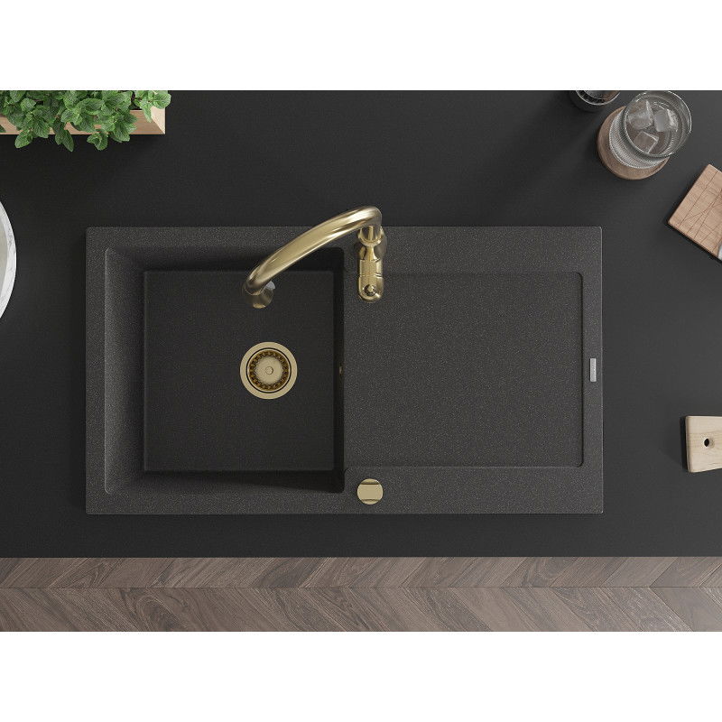 Mexen Leo granitový dřez 1-komorový s odkapávačem a kuchyňskou baterií Savita, černý stříkaný - 6501-76-672601-50