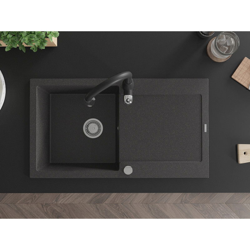 Mexen Leo granitový dřez 1-komorový s odkapávačem a kuchyňskou baterií Savita, černý skvrnitý - 6501-76-672601-70