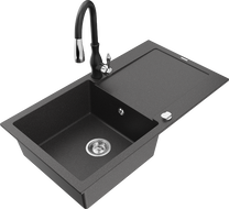 Mexen Leo granitový dřez 1-komorový s odkapávačem a kuchyňskou baterií Savita, černý skvrnitý - 6501-76-672601-70