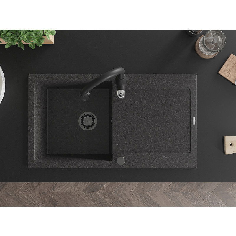 Mexen Leo granitový dřez 1-komorový s odkapávačem a kuchyňskou baterií Savita, černý skvrnitý - 6501-76-672601-70-B