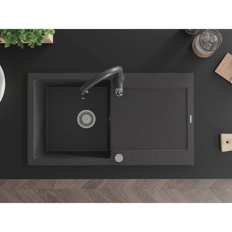 Mexen Leo granitový dřez s odkapávačem a kuchyňskou baterií Savita, černý kropenatý - 6501-76-672601-76