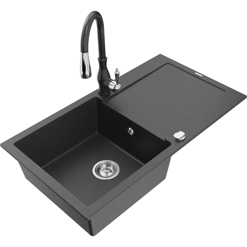 Mexen Leo granitový dřez s odkapávačem a kuchyňskou baterií Savita, černý kropenatý - 6501-76-672601-76