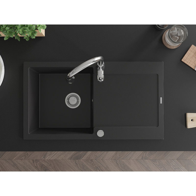Mexen Leo granitový dřez 1-komorový s odkapávačem a kuchyňskou baterií Savita, černý - 6501-77-672601-00