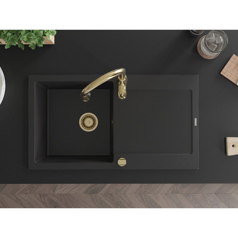 Mexen Leo granitový dřez 1-komorový s odkapávačem a kuchyňskou baterií Savita, černý - 6501-77-672601-50