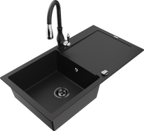 Mexen Leo granitový dřez 1-komorový s odkapávačem a kuchyňskou baterií Savita, černý - 6501-77-672601-70-B