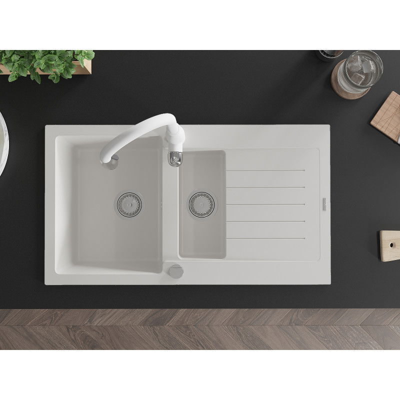 Mexen Matias granitový dřez 1,5 komorový s odkapávačem a kuchyňskou baterií Savita, bílý - 6502-20-672601-20
