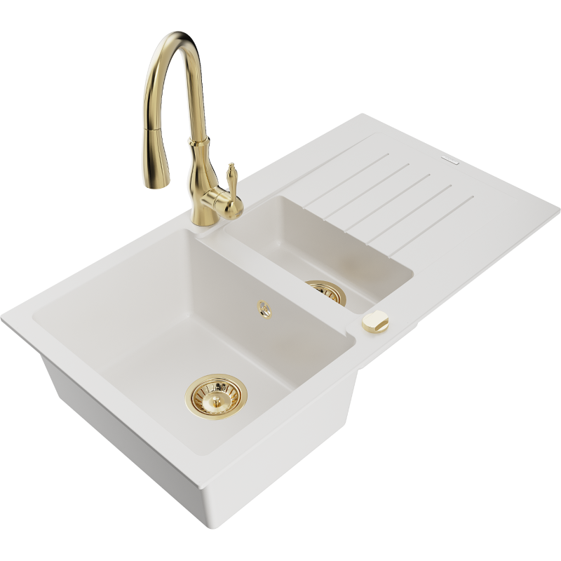 Mexen Matias granitový dřez 1,5 komorový s odkapávačem a kuchyňskou baterií Savita, bílý - 6502-20-672601-50