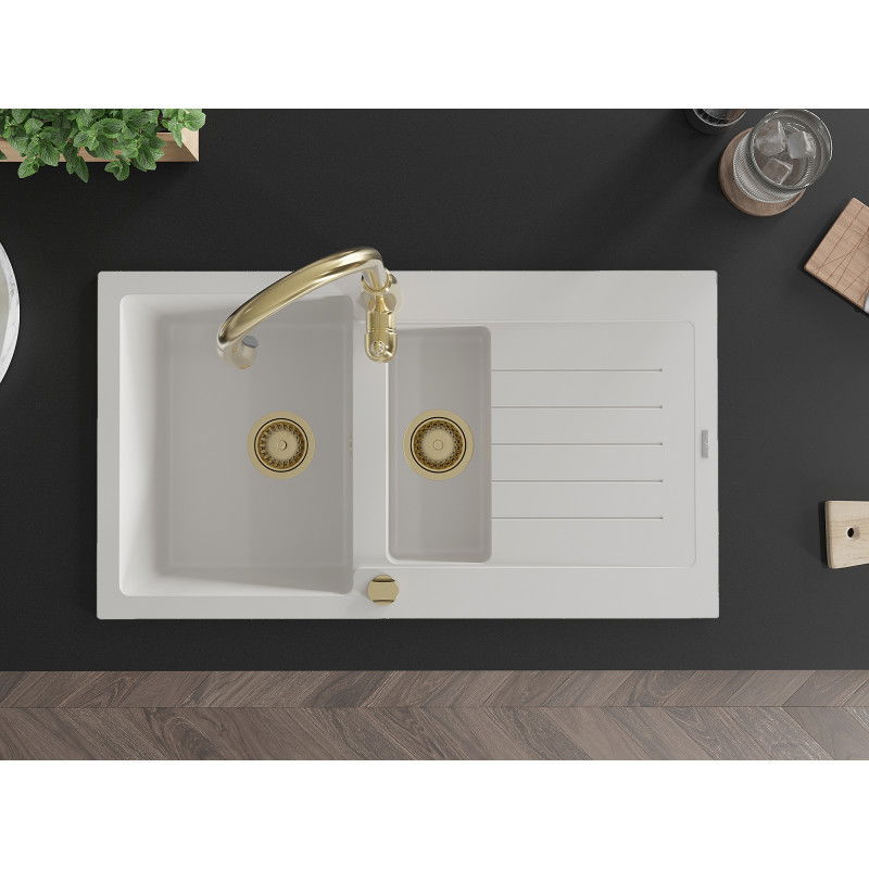 Mexen Matias granitový dřez 1,5 komorový s odkapávačem a kuchyňskou baterií Savita, bílý - 6502-20-672601-50