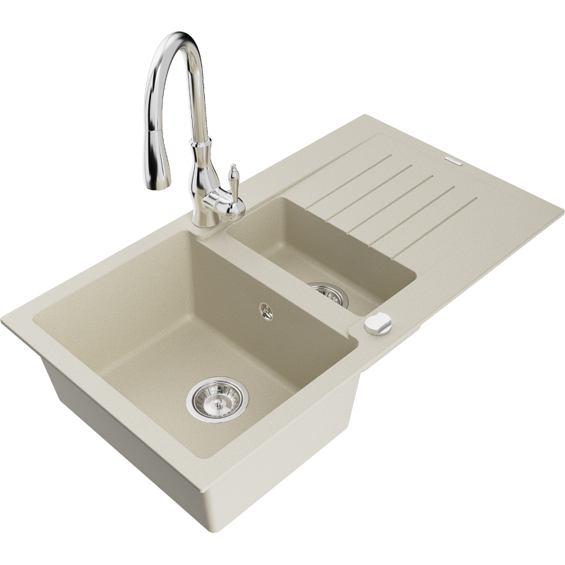 Mexen Matias granitový dřez 1,5-komorový s odkapávačem a kuchyňskou baterií Savita, béžový - 6502-69-672601-00