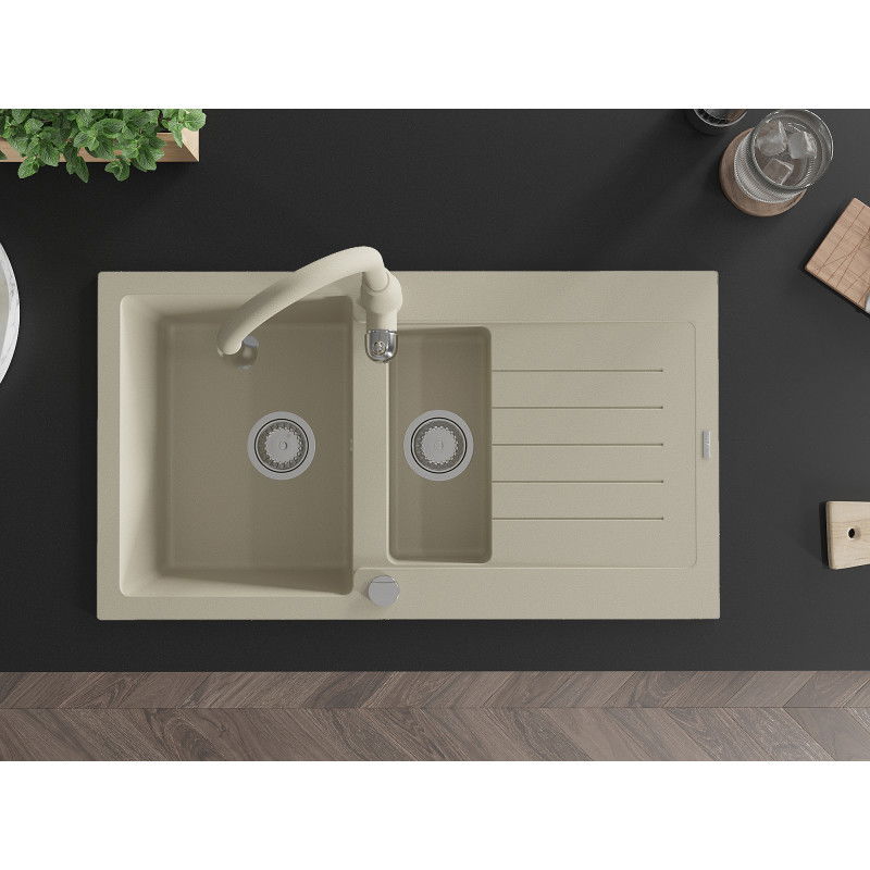 Mexen Matias granitový dřez 1,5-komorový s odkapávačem a kuchyňskou baterií Savita, béžový - 6502-69-672601-69