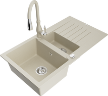 Mexen Matias granitový dřez 1,5-komorový s odkapávačem a kuchyňskou baterií Savita, béžový - 6502-69-672601-69