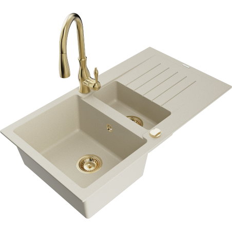 Mexen Matias granitový dřez 1,5-komorový s odkapávačem a kuchyňskou baterií Savita, béžový - 6502-69-672601-50