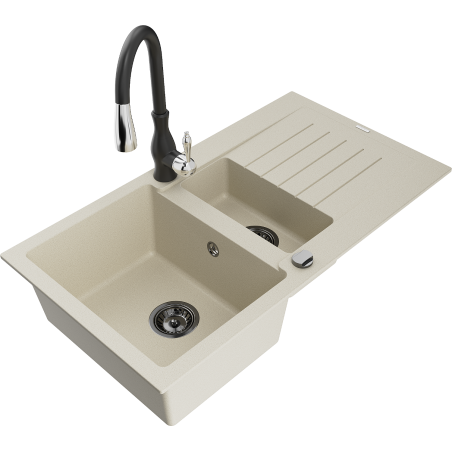 Mexen Matias granitový dřez 1,5-komorový s odkapávačem a kuchyňskou baterií Savita, béžový - 6502-69-672601-70
