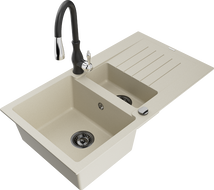 Mexen Matias granitový dřez 1,5-komorový s odkapávačem a kuchyňskou baterií Savita, béžový - 6502-69-672601-70