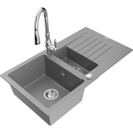 Mexen Matias granitový dřez 1,5-komorový s odkapávačem a kuchyňskou baterií Savita, šedý - 6502-71-672601-00