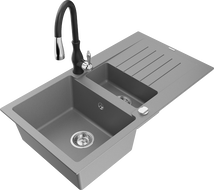 Mexen Matias granitový dřez 1,5-komorový s odkapávačem a kuchyňskou baterií Savita, šedý - 6502-71-672601-70