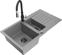 Mexen Matias žulový dřez 1,5-komorový s odkapávačem a kuchyňskou baterií Savita, šedý - 6502-71-672601-70-B