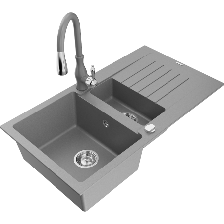 Mexen Matias dřez žulový 1,5-komorový s odkapávačem a kuchyňskou baterií Savita, šedý - 6502-71-672601-71