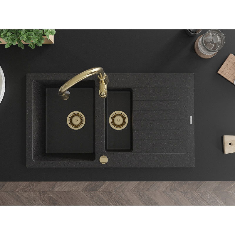 Mexen Matias žulový kuchyňský dřez 1,5 komorový s odkapávačem a kuchyňskou baterií Savita, černý/stříbrný - 6502-73-672601-50