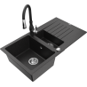 Mexen Matias žulový dřez 1,5-komorový s odkapávačem a kuchyňskou baterií Savita, černý/stříbrný - 6502-73-672601-70