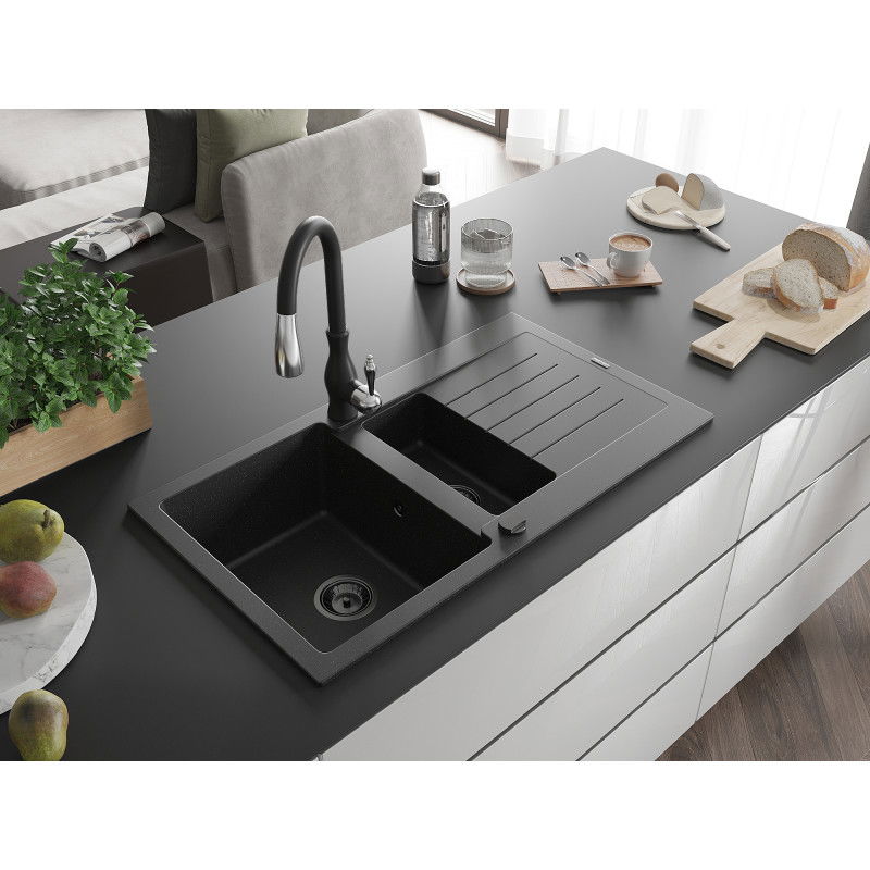 Mexen Matias granitový dřez 1,5 komorový s odkapávačem a kuchyňskou baterií Savita, černý/stříbrný - 6502-73-672601-70-B