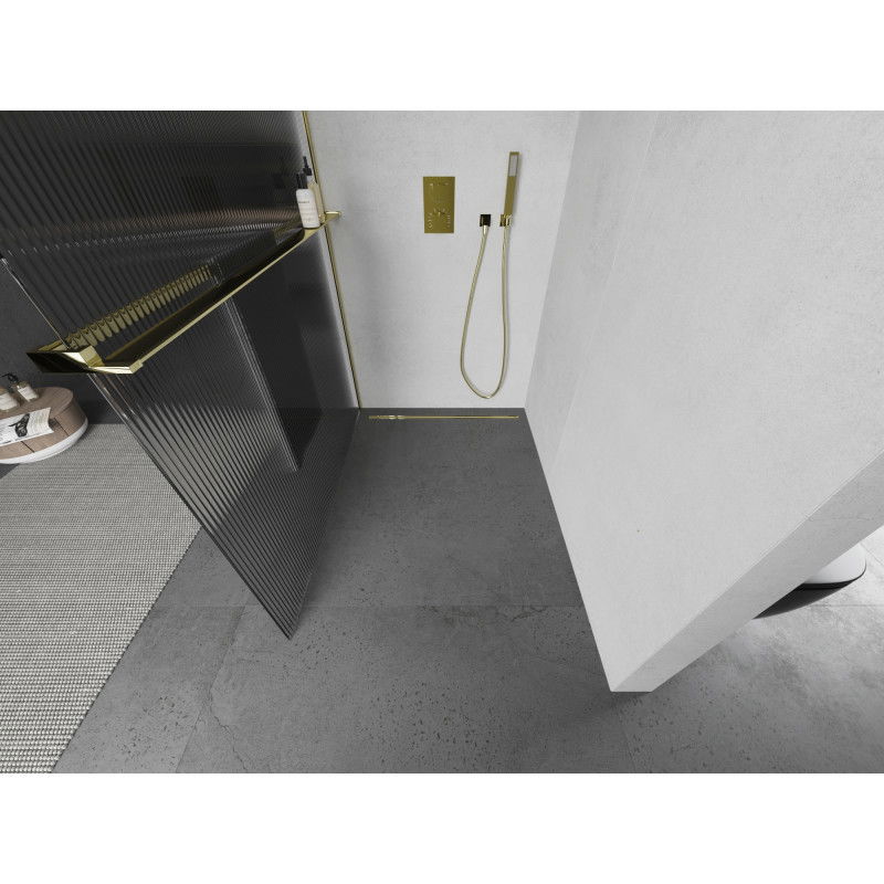 Mexen Kioto+ sprchová zástěna s poličkou Walk-in 130 x 200 cm, pruhovaná, zlatá - 800-130-121-50-09