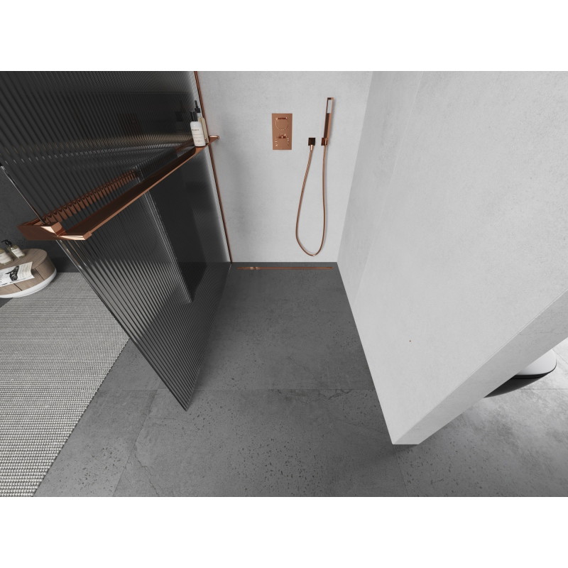 Mexen Kioto+ sprchová zástěna s poličkou Walk-in 70 x 200 cm, proužky, růžové zlato - 800-070-121-60-09