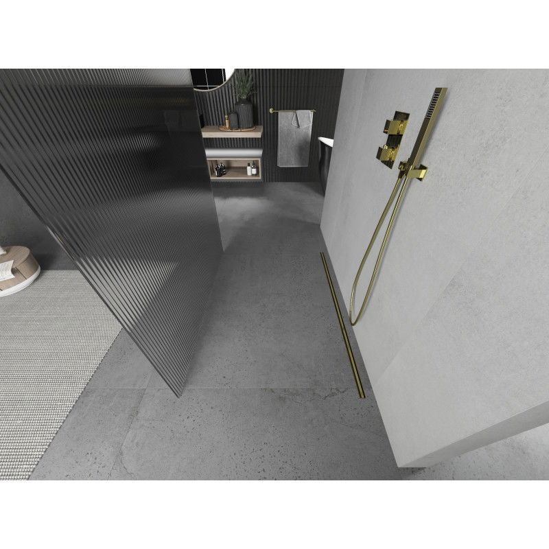 Mexen Kioto samostatně stojící sprchová stěna 100 x 200 cm, pruhy 8 mm, zlatá - 800-100-002-50-09