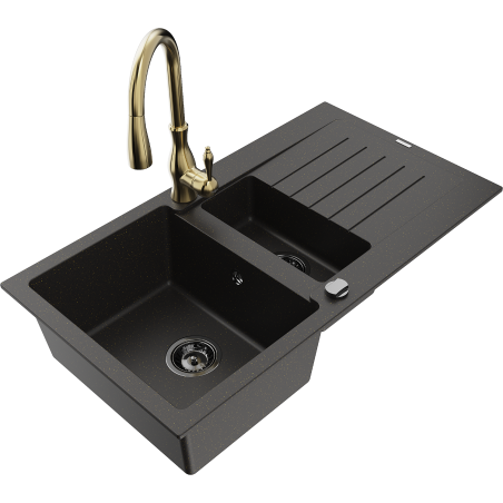 Mexen Matias granitový dřez 1,5-komorový s odkapávačem a kuchyňskou baterií Savita, černý/zlatý - 6502-75-672601-50-B