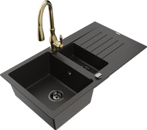 Mexen Matias granitový dřez 1,5-komorový s odkapávačem a kuchyňskou baterií Savita, černý/zlatý - 6502-75-672601-50-B
