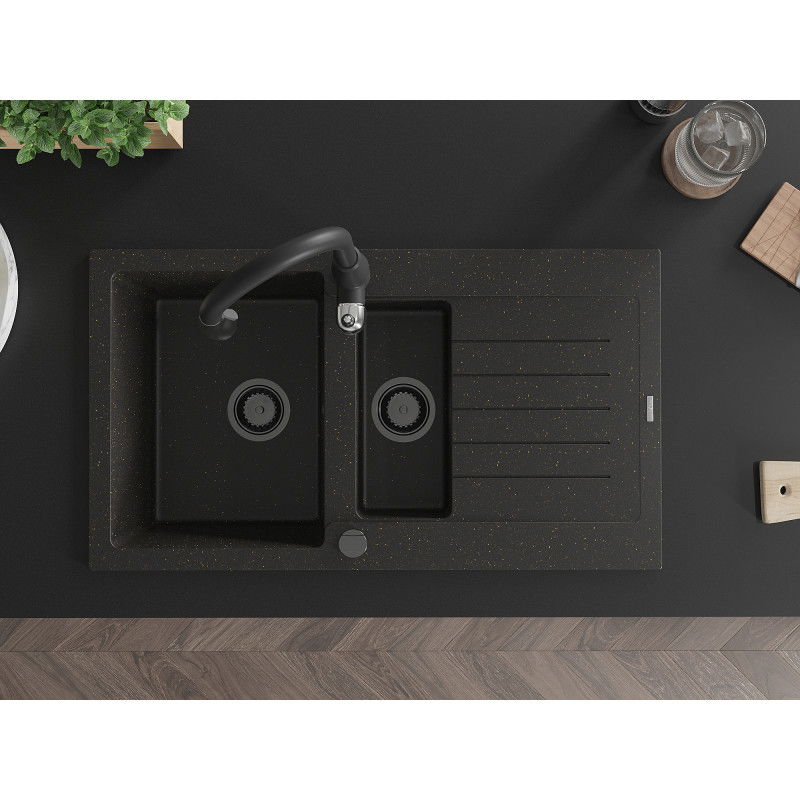 Mexen Matias granitový dřez 1,5-komorový s odkapávačem a kuchyňskou baterií Savita, černý/zlatý - 6502-75-672601-70-B