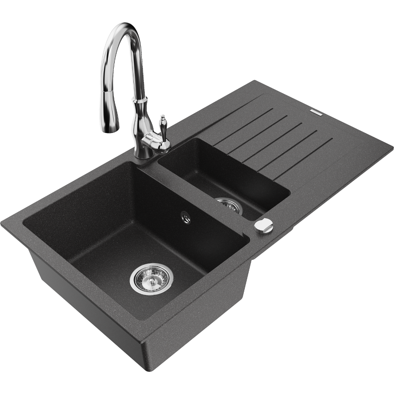 Mexen Matias granitový dřez 1,5-komorový s odkapávačem a kuchyňskou baterií Savita, černý kropenatý - 6502-76-672601-00