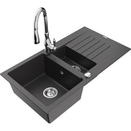 Mexen Matias granitový dřez 1,5-komorový s odkapávačem a kuchyňskou baterií Savita, černý kropenatý - 6502-76-672601-00