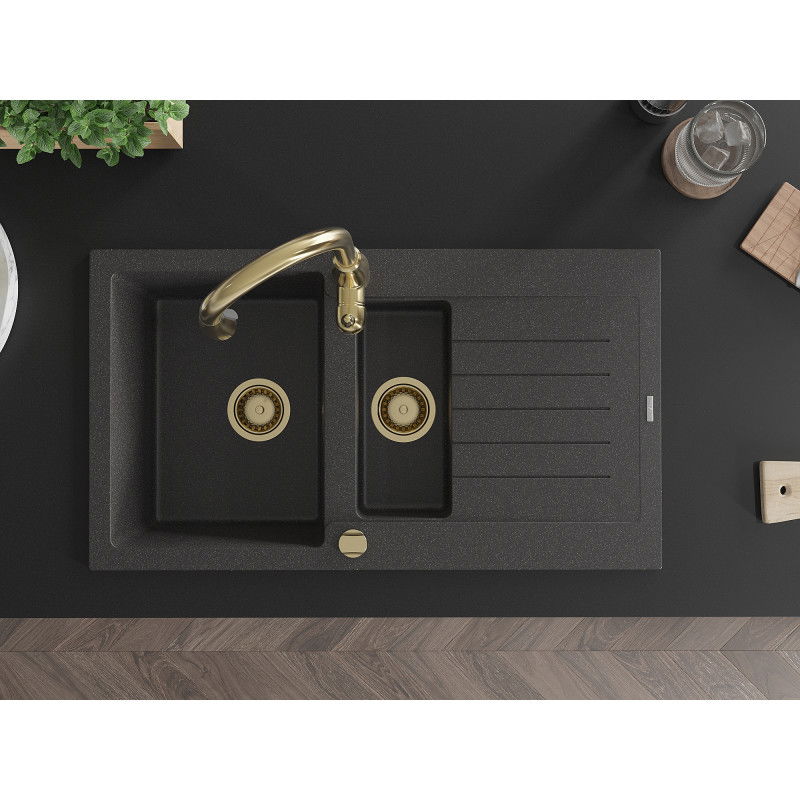 Mexen Matias granitový dřez 1,5-komorový s odkapávačem a kuchyňskou baterií Savita, černý tečkovaný - 6502-76-672601-50