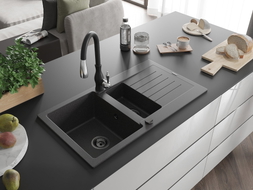 Mexen Matias žulový dřez 1,5-komorový s odkapávačem a kuchyňskou baterií Savita, černý postříkaný