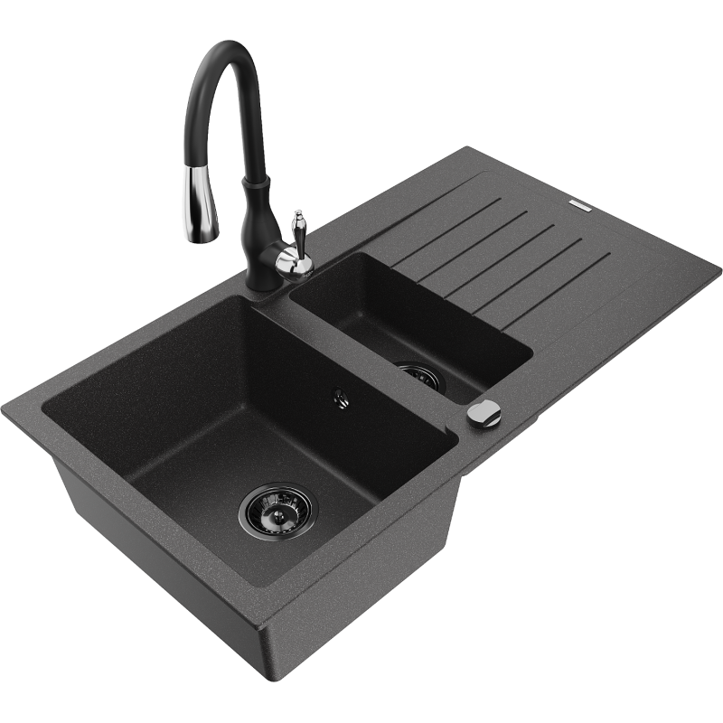 Mexen Matias granitový dřez 1,5-komorový s odkapávačem a kuchyňskou baterií Savita, černý s tečkami - 6502-76-672601-70-B