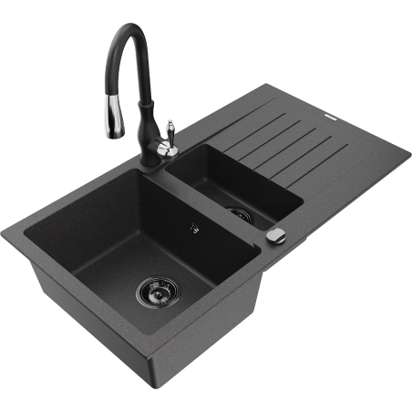 Mexen Matias granitový dřez 1,5-komorový s odkapávačem a kuchyňskou baterií Savita, černý s tečkami - 6502-76-672601-70-B