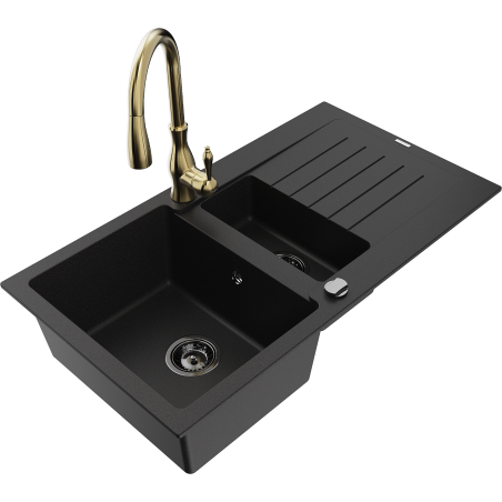 Mexen Matias granitový dřez 1,5-komorový s odkapávačem a kuchyňskou baterií Savita, černý - 6502-77-672601-50-B