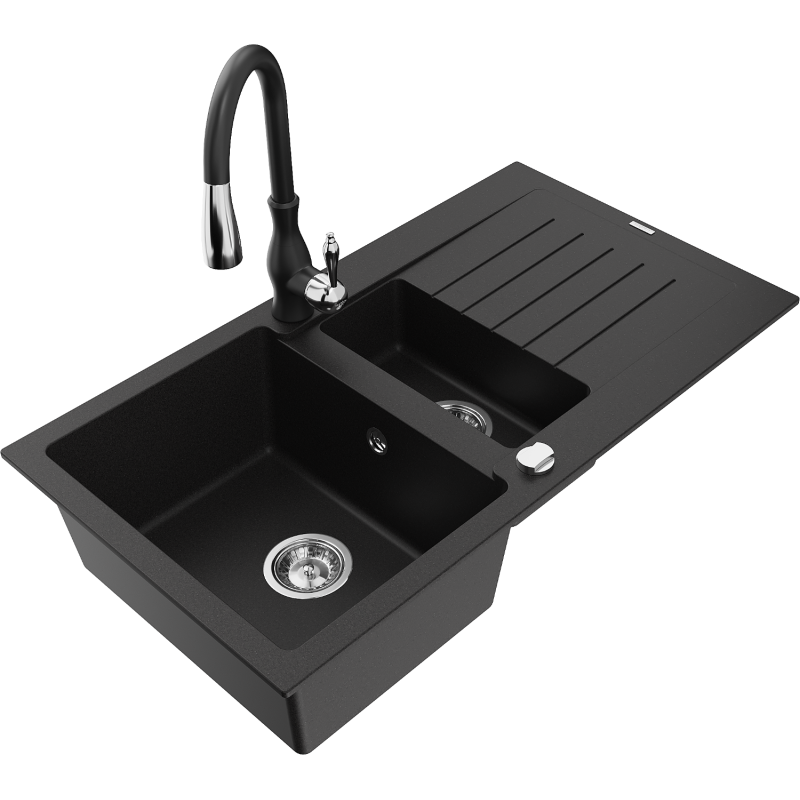 Mexen Matias granitový dřez 1,5-komorový s odkapávačem a kuchyňskou baterií Savita, černý - 6502-77-672601-70